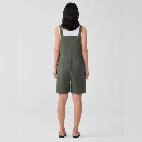 Eileen Fisher Cotton Hemp Stretch Short Overalls in Olive Green S